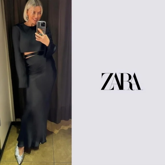 NWT Zara Black Satin Effect Cutout Waist Strap Maxi Dress, Size M - Picture 3 of 17